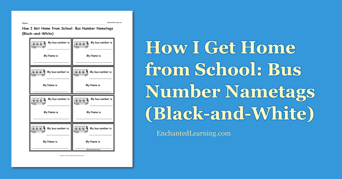 How I Get Home from School Bus Number Nametags (BlackandWhite