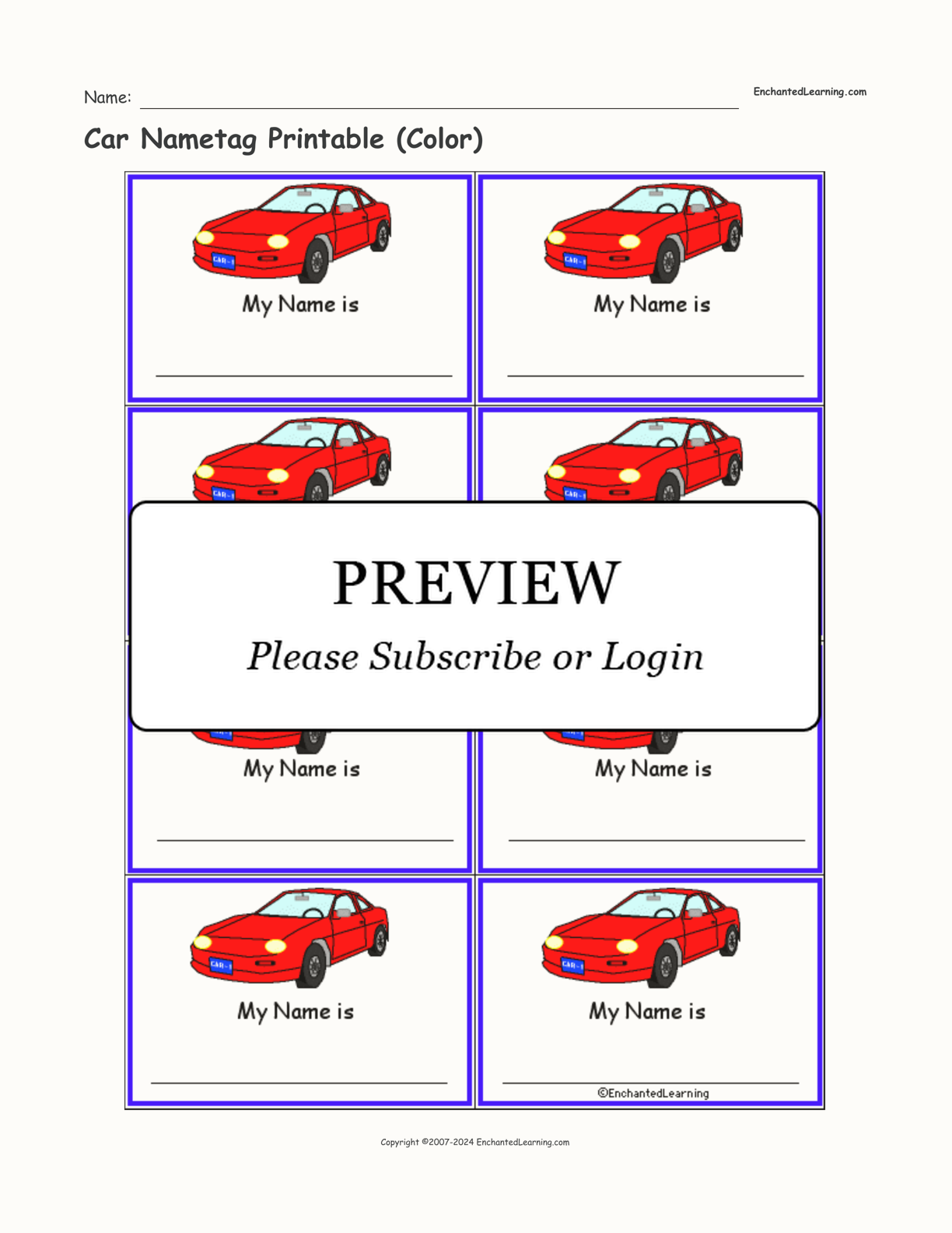 Car Nametag Printable (Color) interactive printout page 1