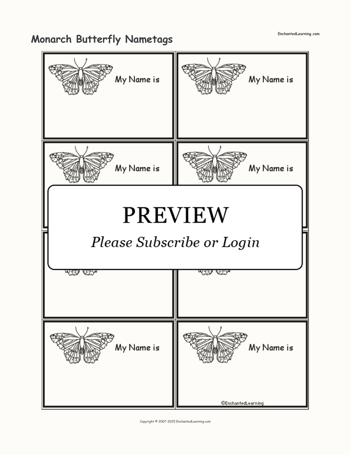 Monarch Butterfly Nametags interactive printout page 1