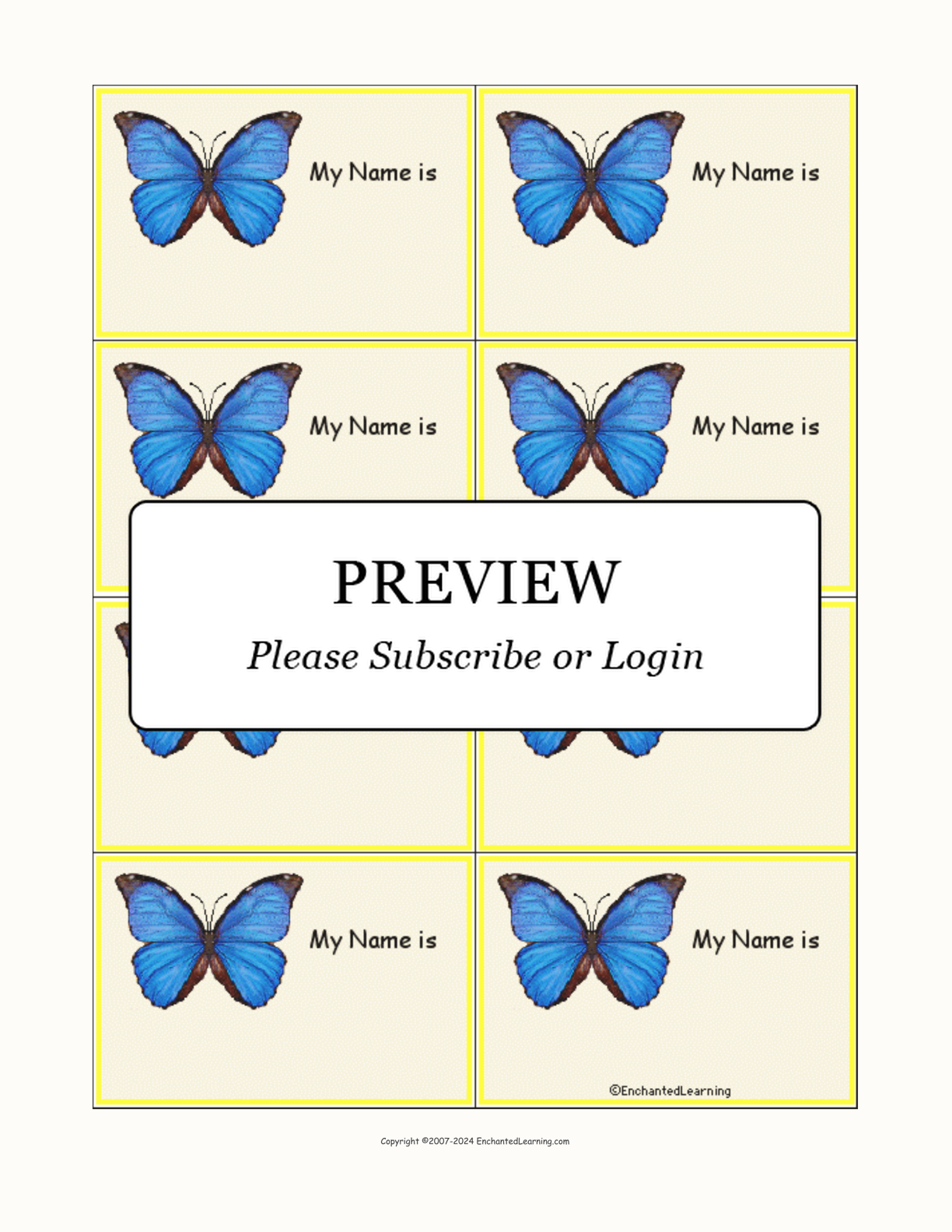 Morpho Butterfly Nametags interactive printout page 1