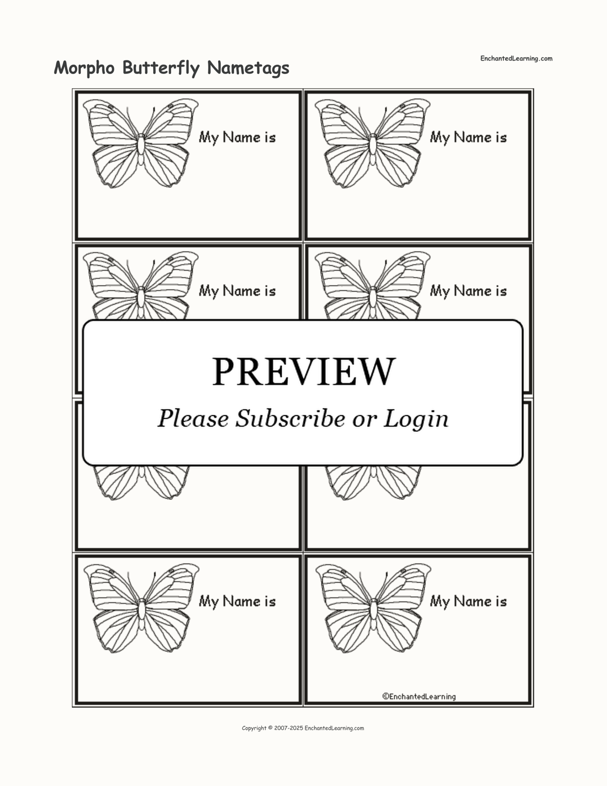 Morpho Butterfly Nametags interactive printout page 1