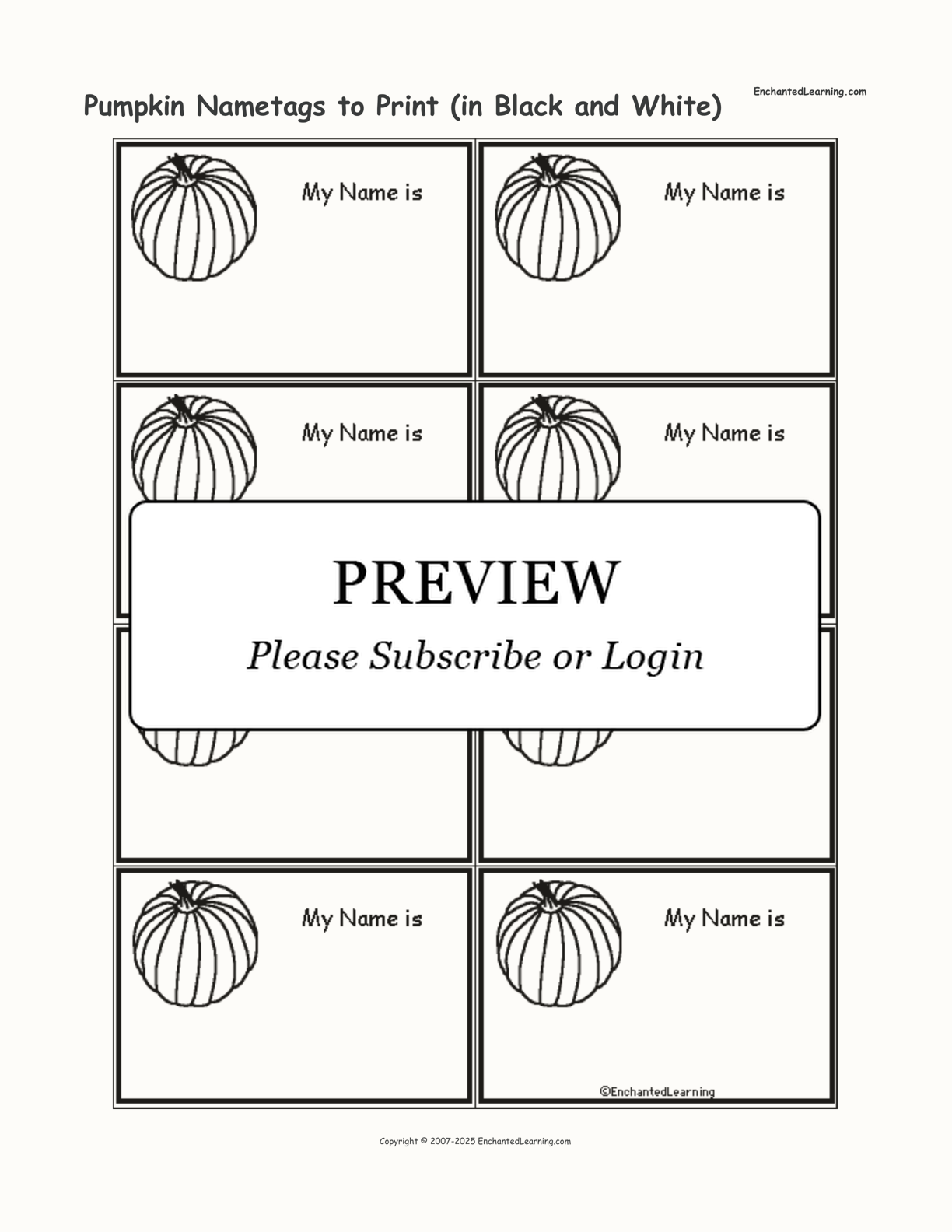 Pumpkin Nametags to Print (in Black and White) interactive printout page 1