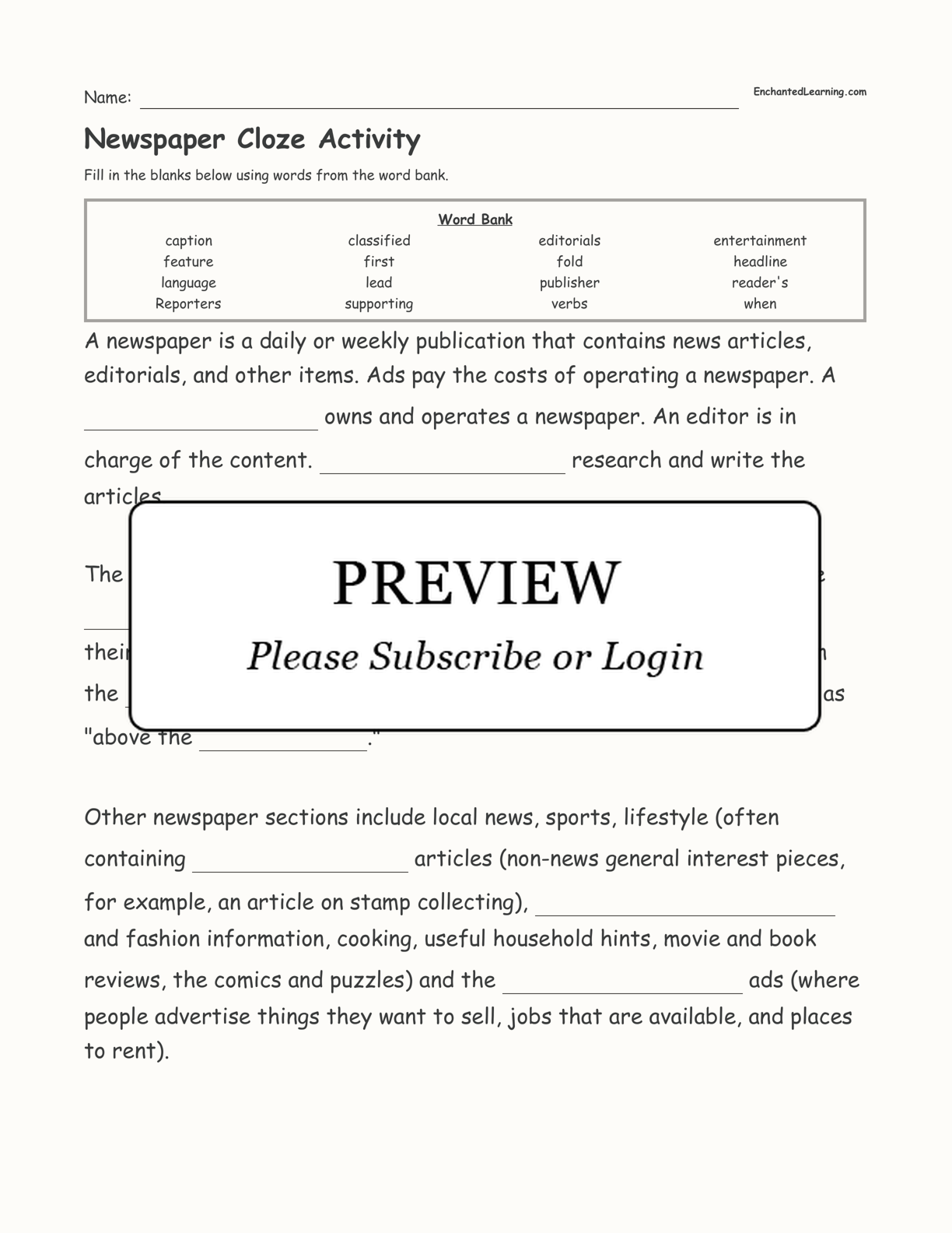 Newspaper Cloze Activity interactive worksheet page 1