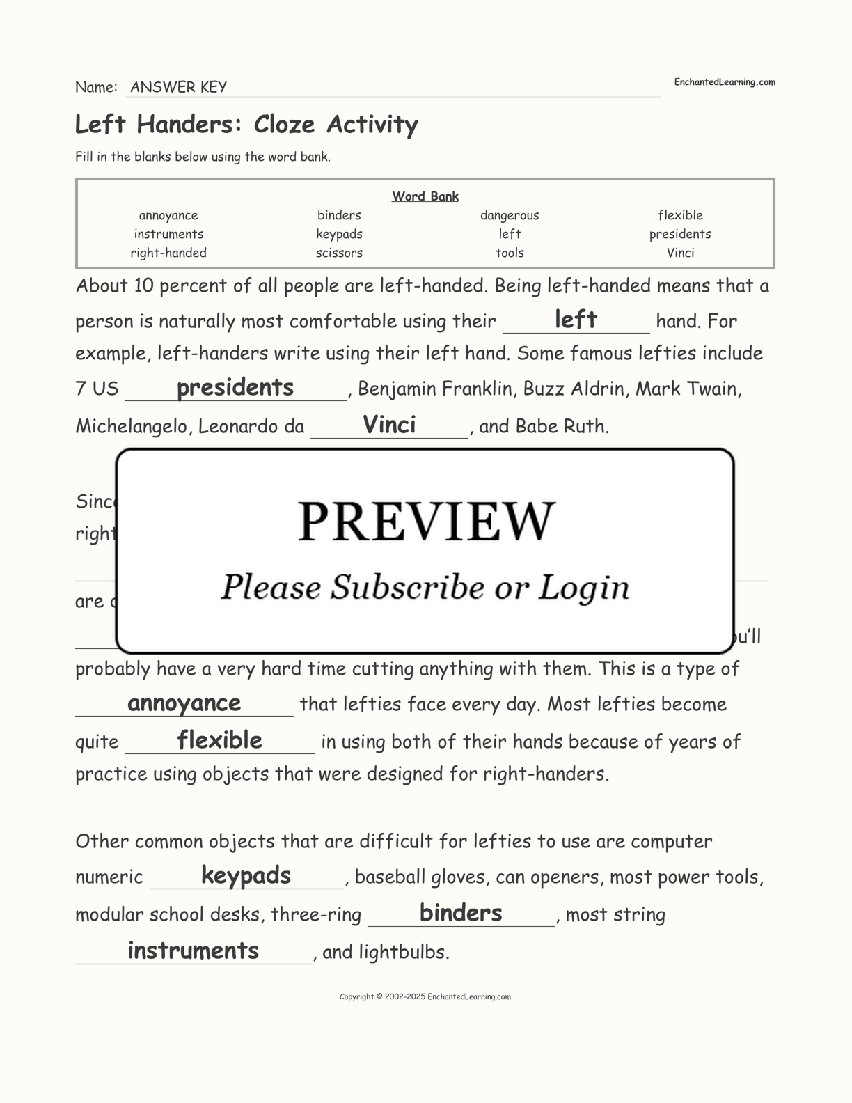 Left Handers: Cloze Activity interactive worksheet page 2