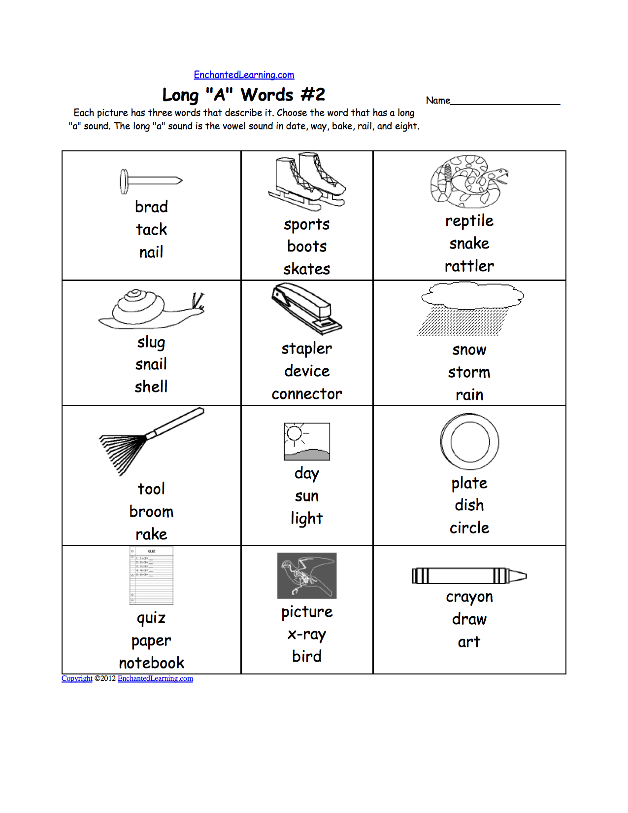 Long A Alphabet Activities at EnchantedLearning.com Within Long A Sound Words Worksheet