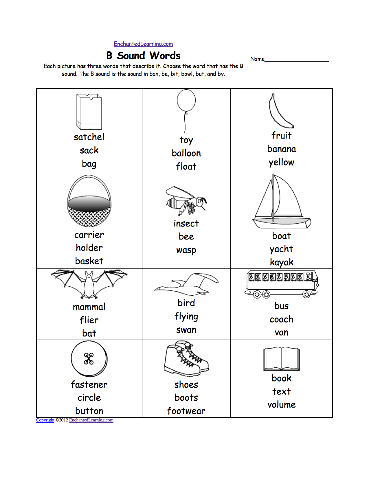 Words beginning with B worksheet