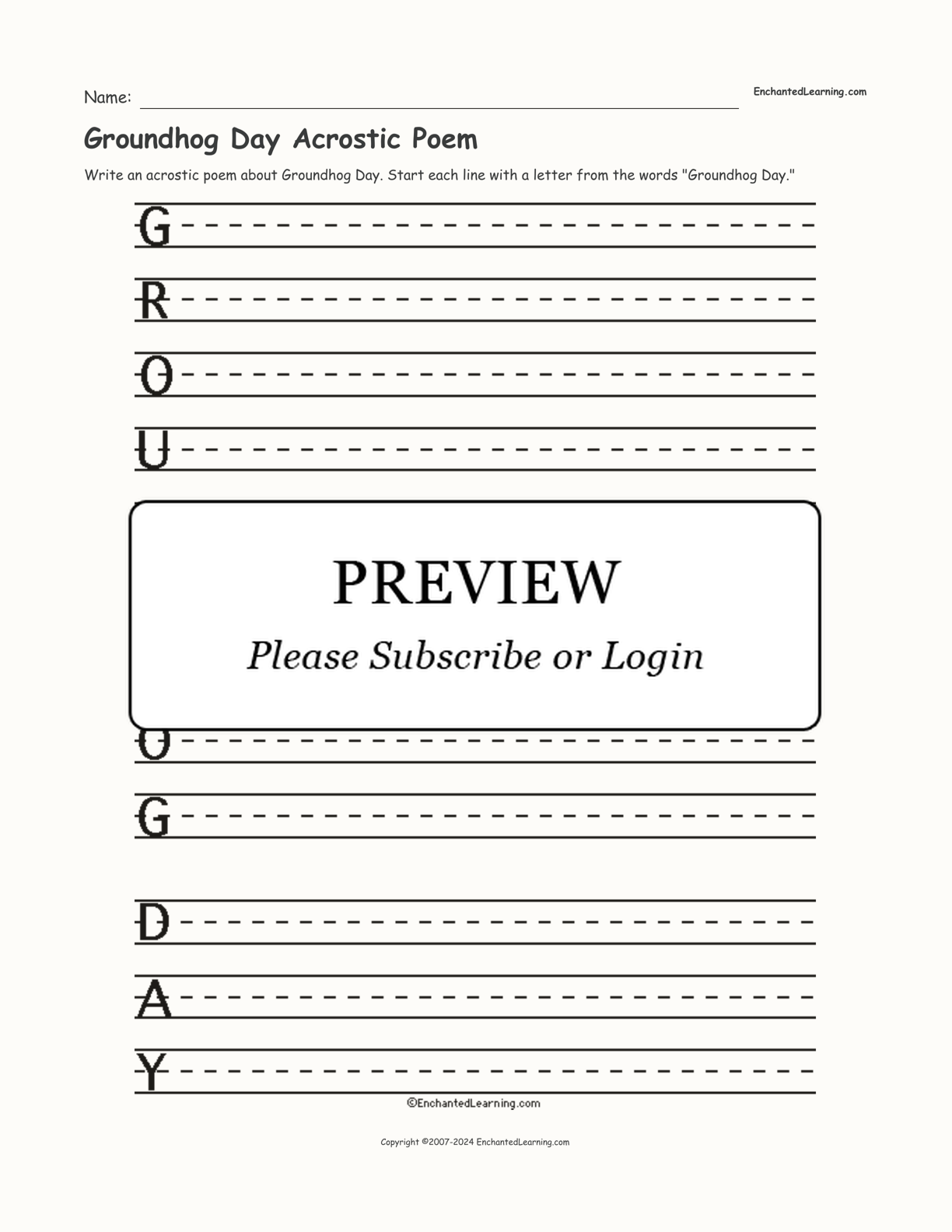 Groundhog Day Acrostic Poem interactive printout page 1