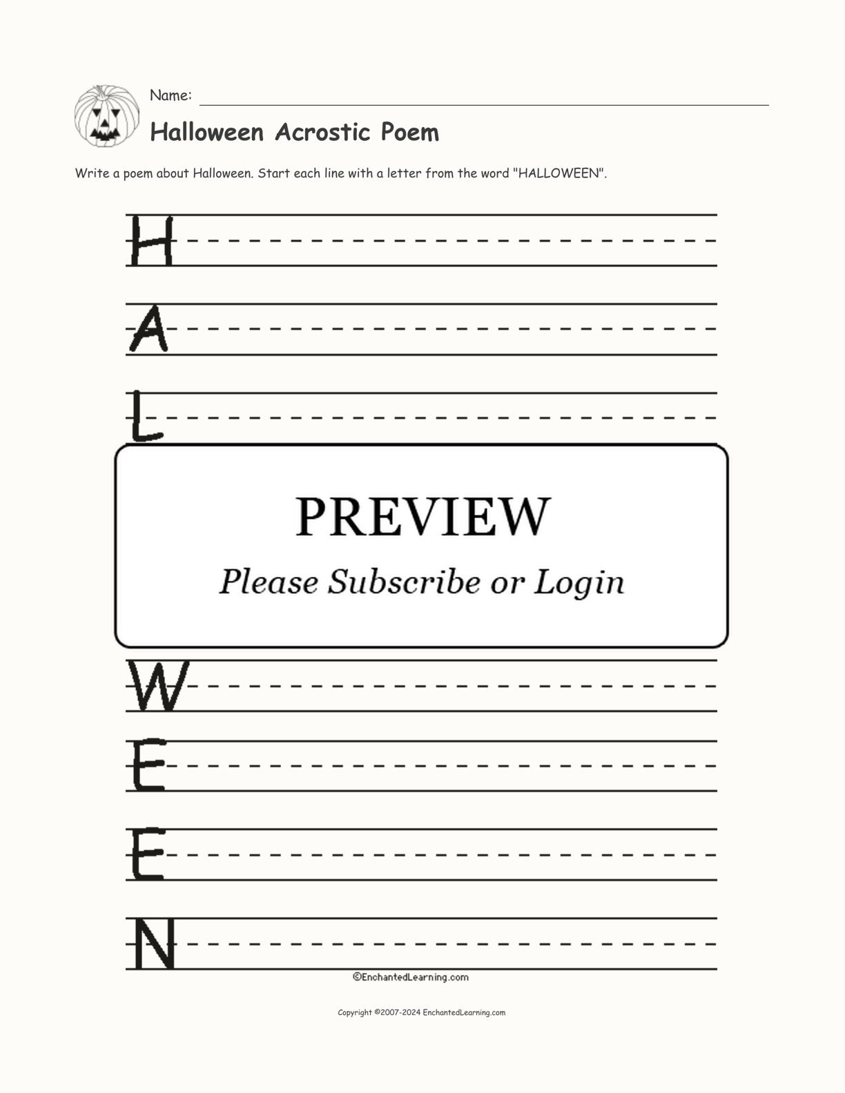 Halloween Acrostic Poem interactive printout page 1