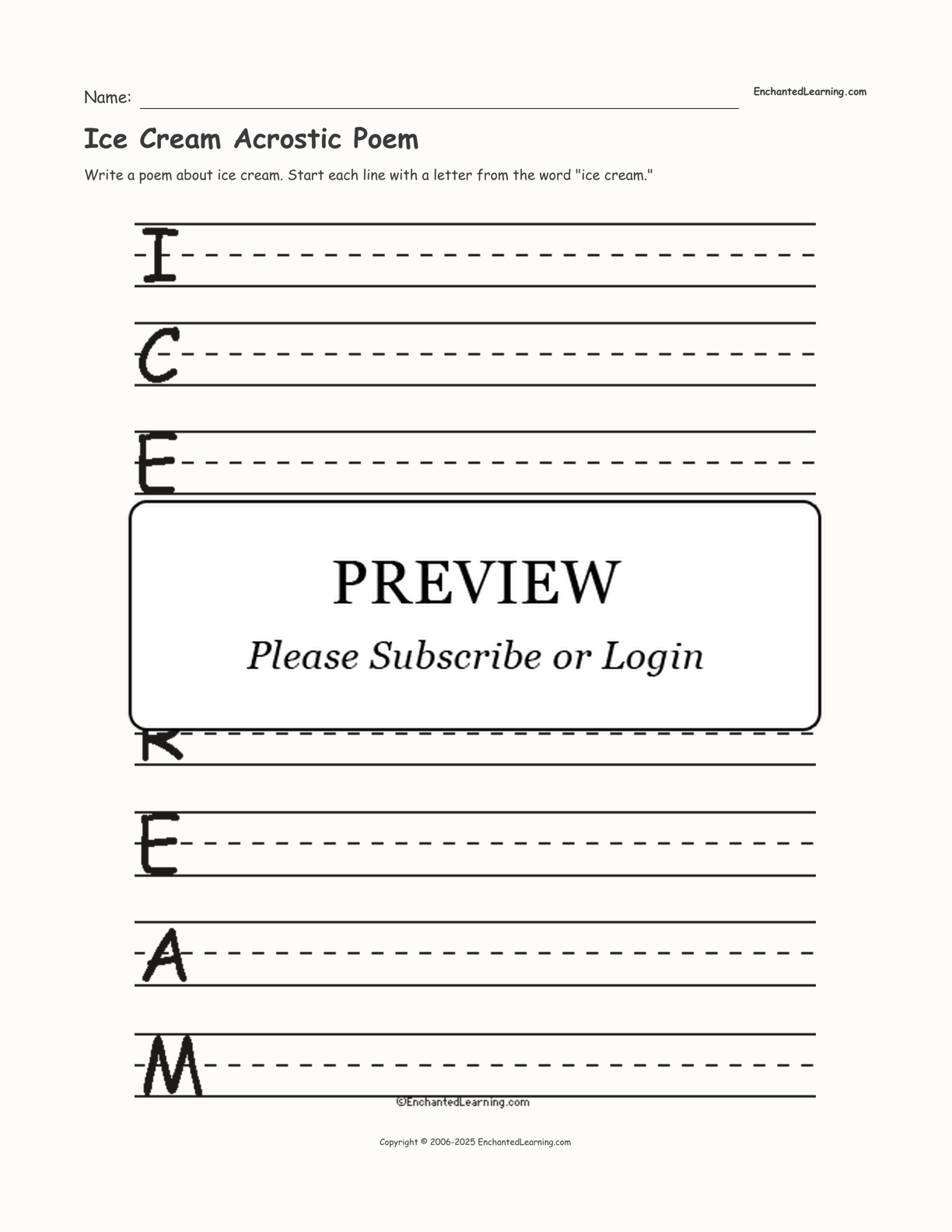 Ice Cream Acrostic Poem interactive worksheet page 1