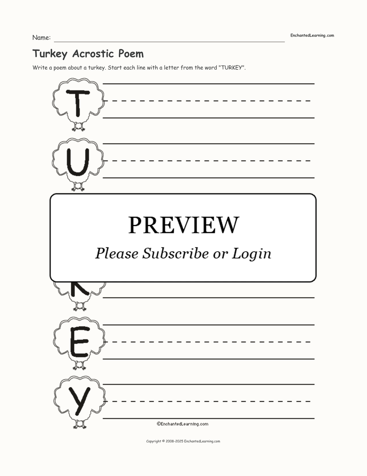 Turkey Acrostic Poem interactive worksheet page 1