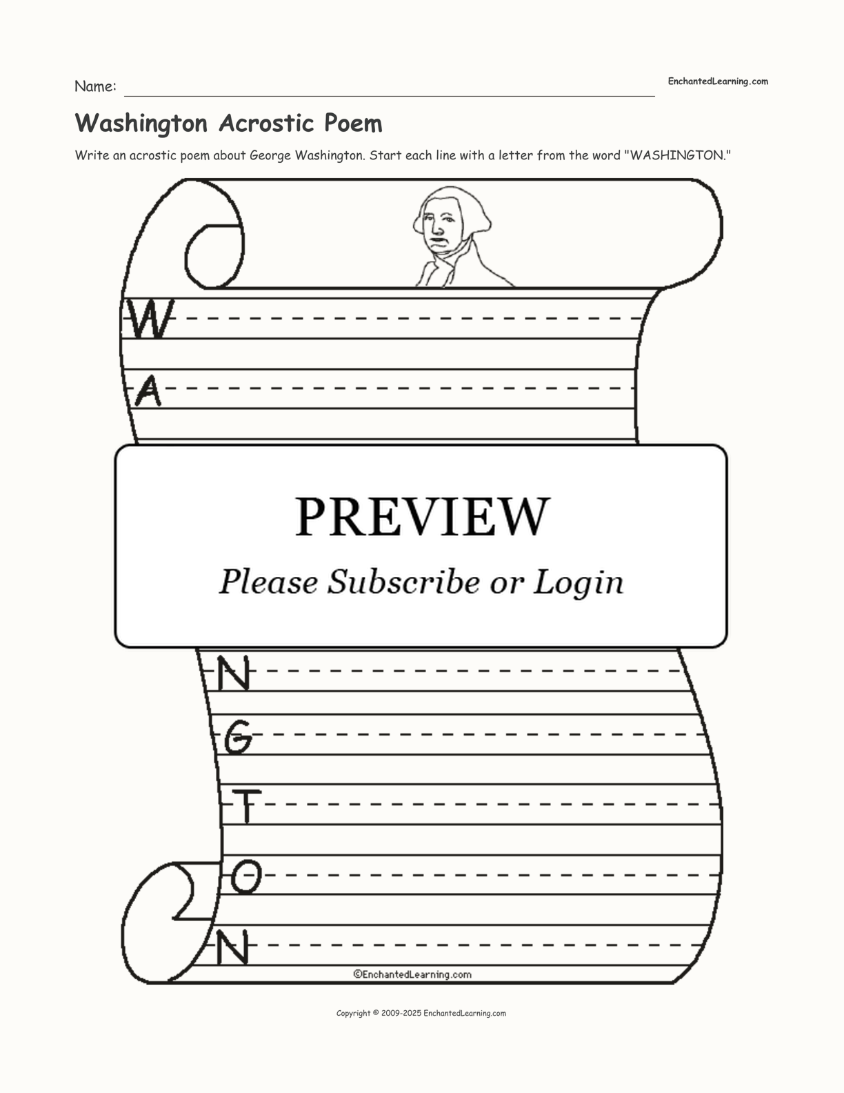 Washington Acrostic Poem interactive printout page 1