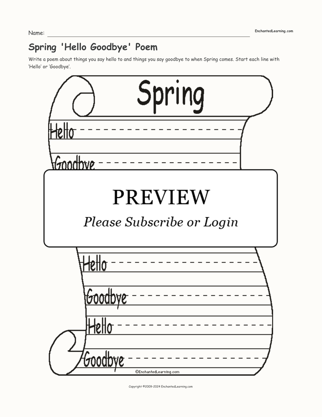 Spring 'Hello Goodbye' Poem interactive worksheet page 1