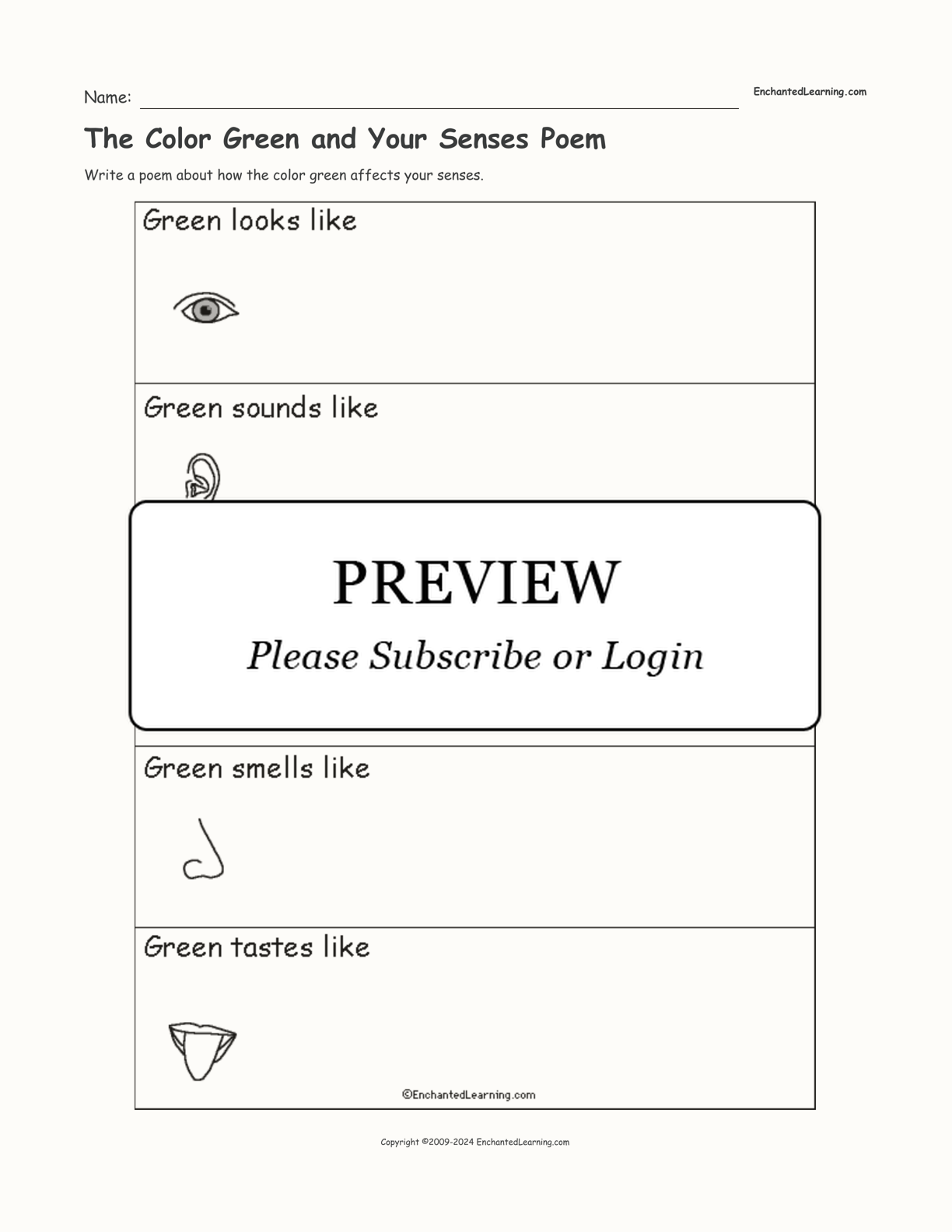 The Color Green and Your Senses Poem interactive worksheet page 1