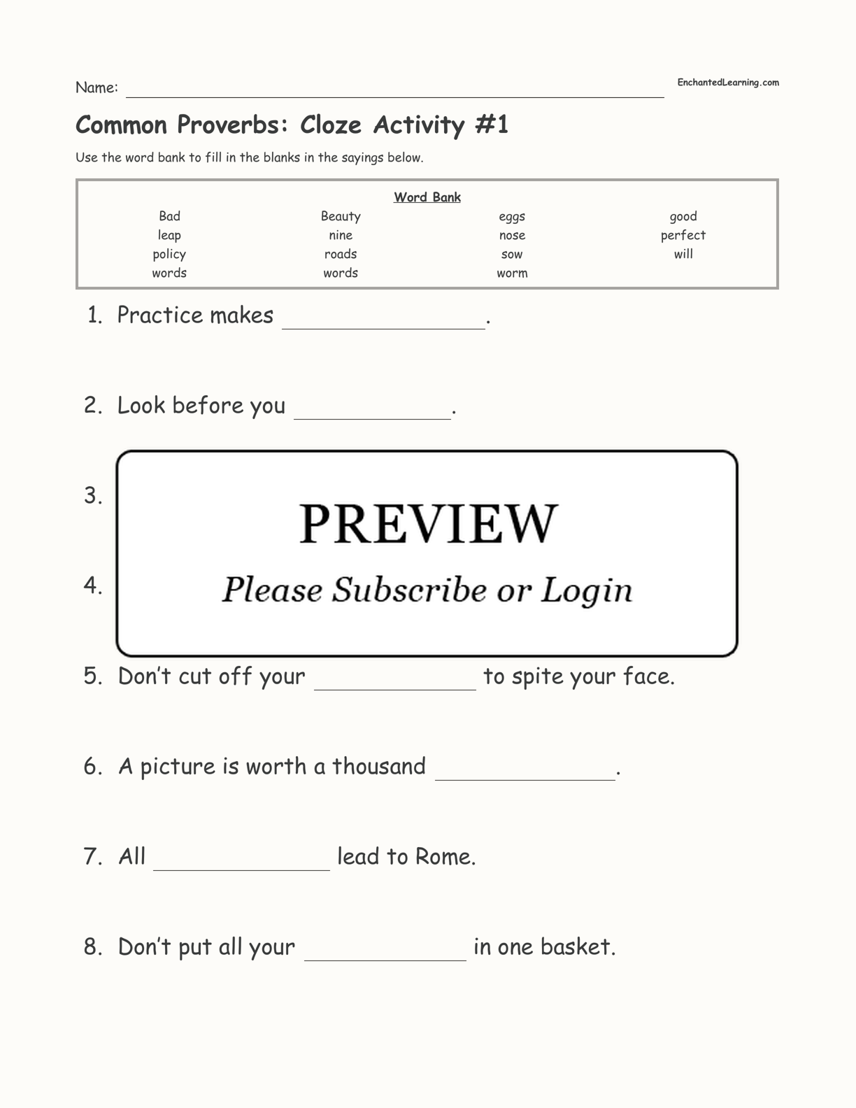 Common Proverbs: Cloze Activity #1 interactive worksheet page 1