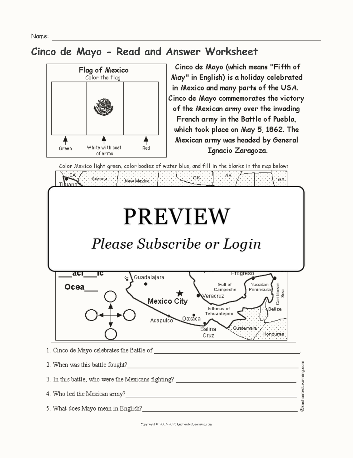 Cinco de Mayo - Read and Answer Worksheet interactive worksheet page 1