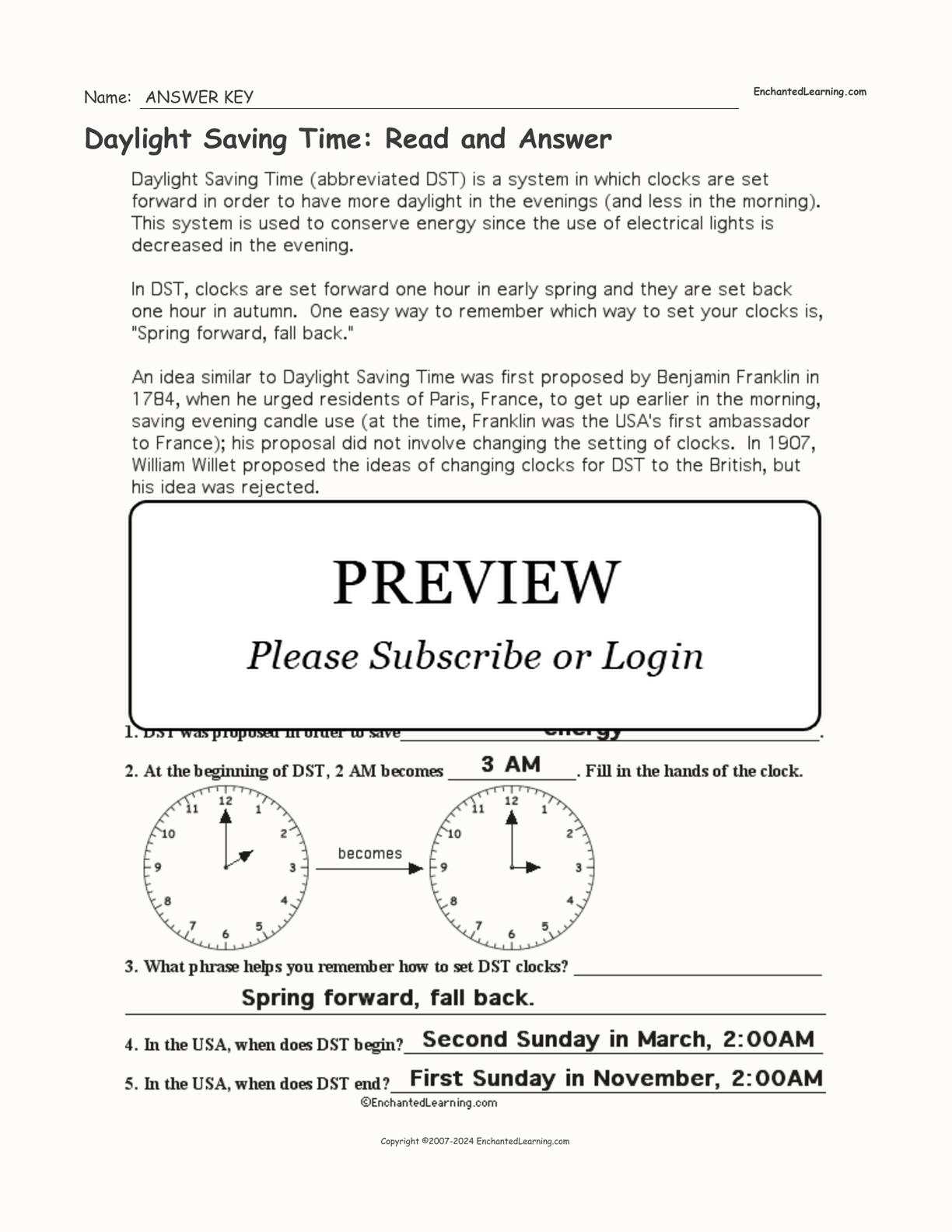 Daylight Saving Time: Read and Answer interactive worksheet page 2
