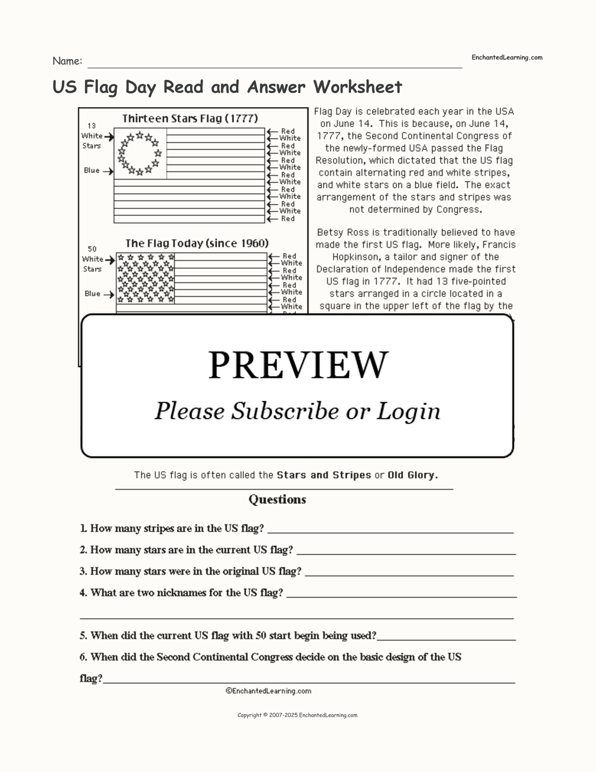 US Flag Day Read and Answer Worksheet interactive worksheet page 1