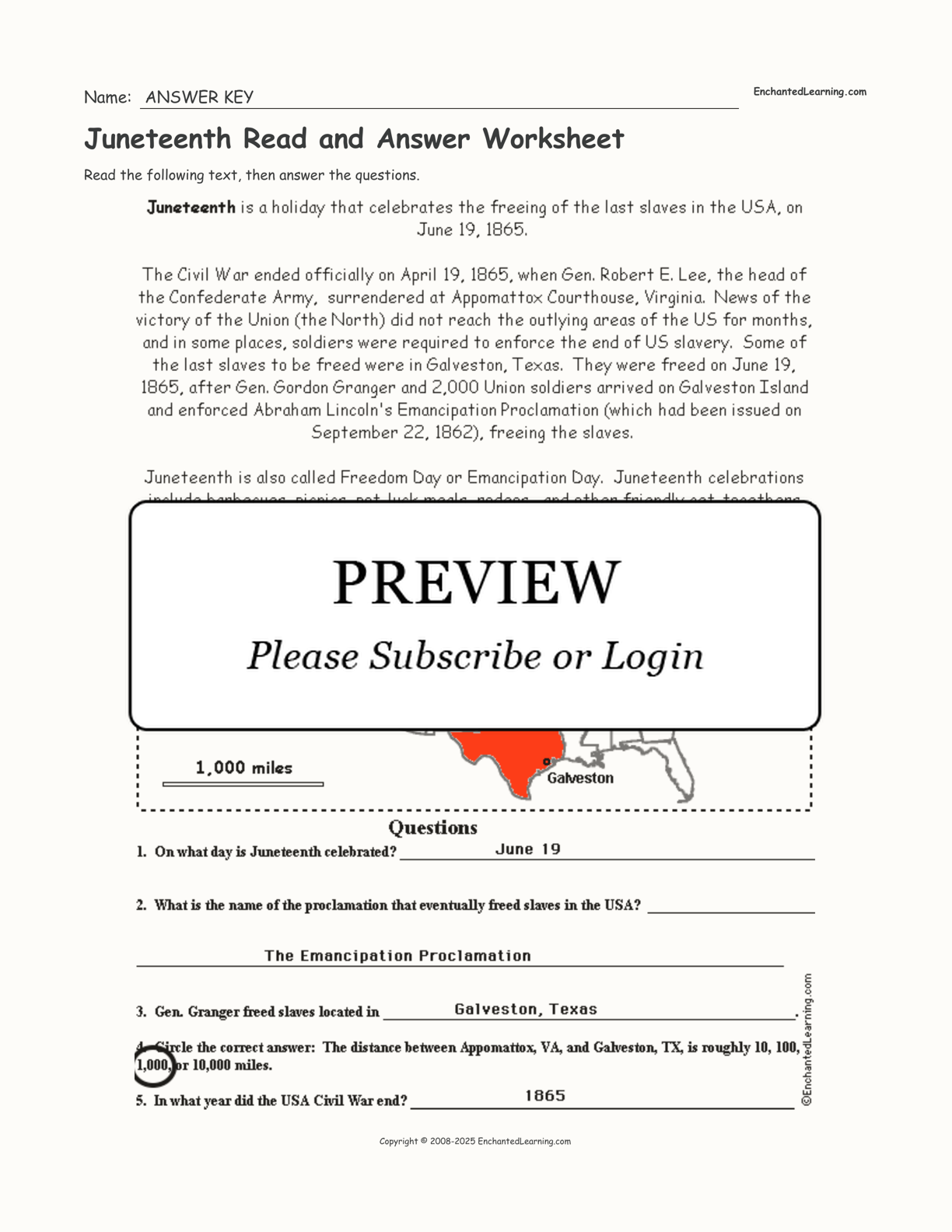 Juneteenth Read and Answer Worksheet - Enchanted Learning