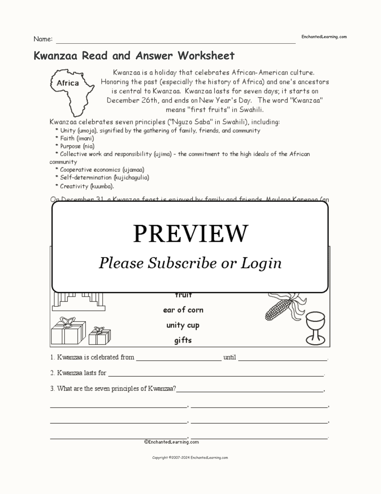 Kwanzaa Read and Answer Worksheet interactive worksheet page 1