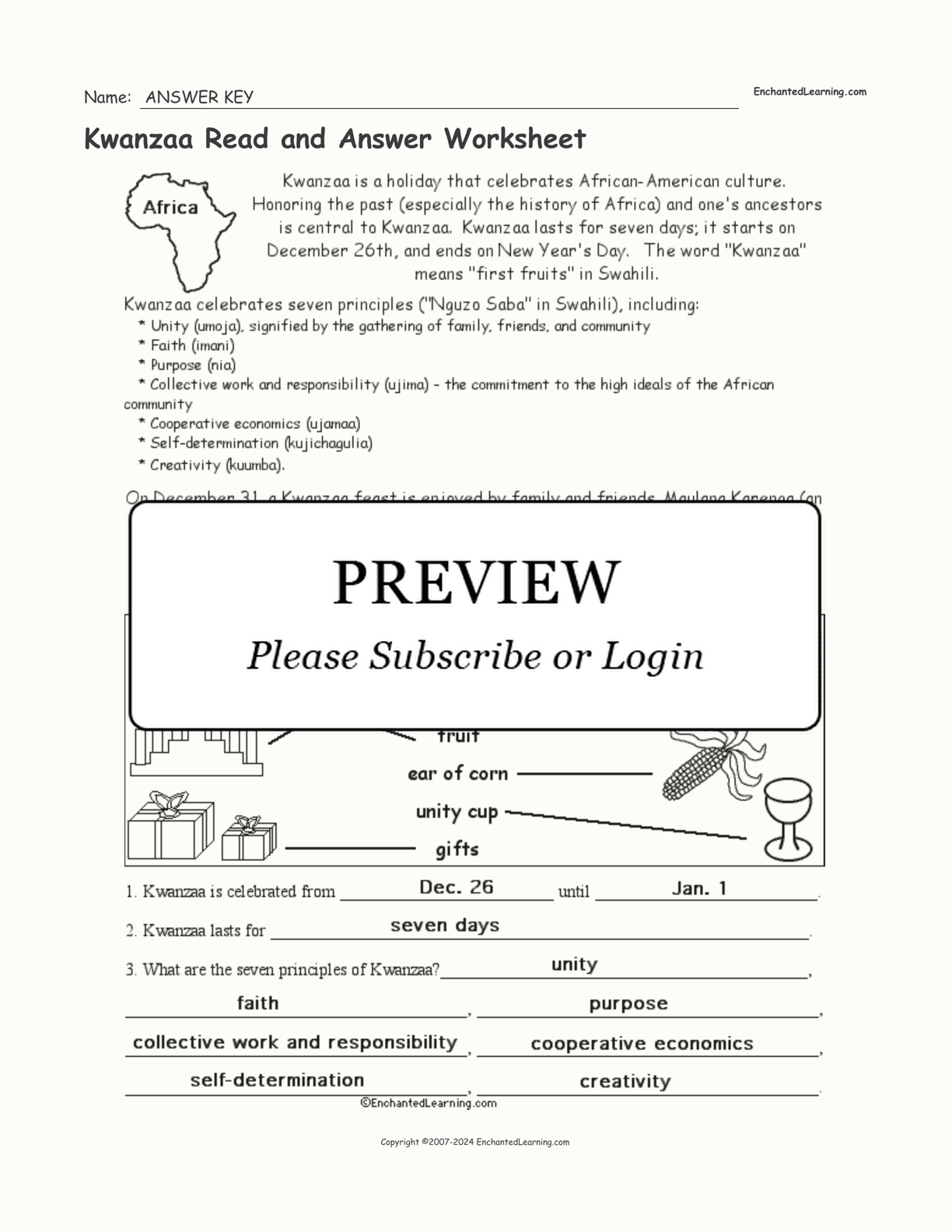 Kwanzaa Read and Answer Worksheet interactive worksheet page 2