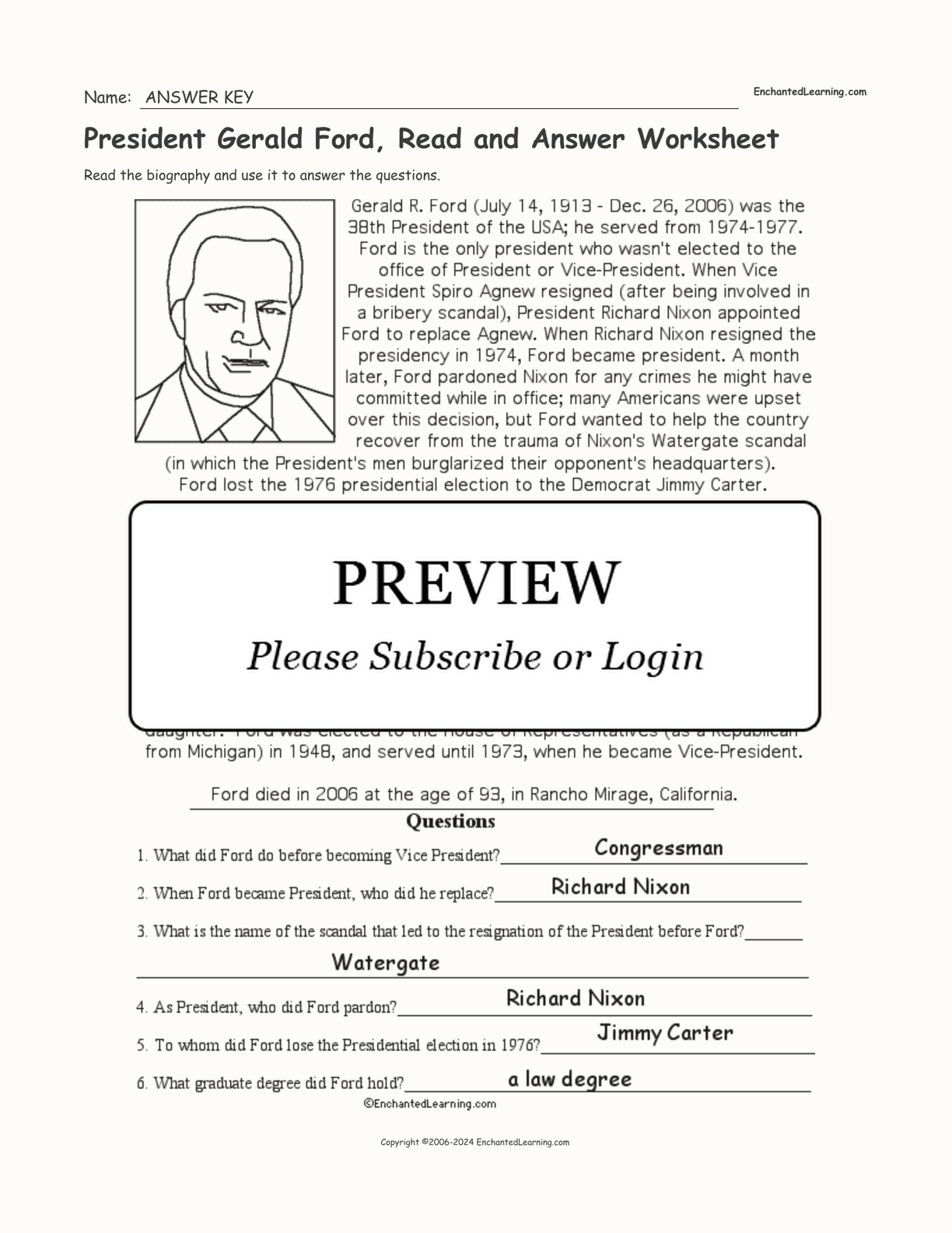 President Gerald Ford, Read and Answer Worksheet interactive worksheet page 2