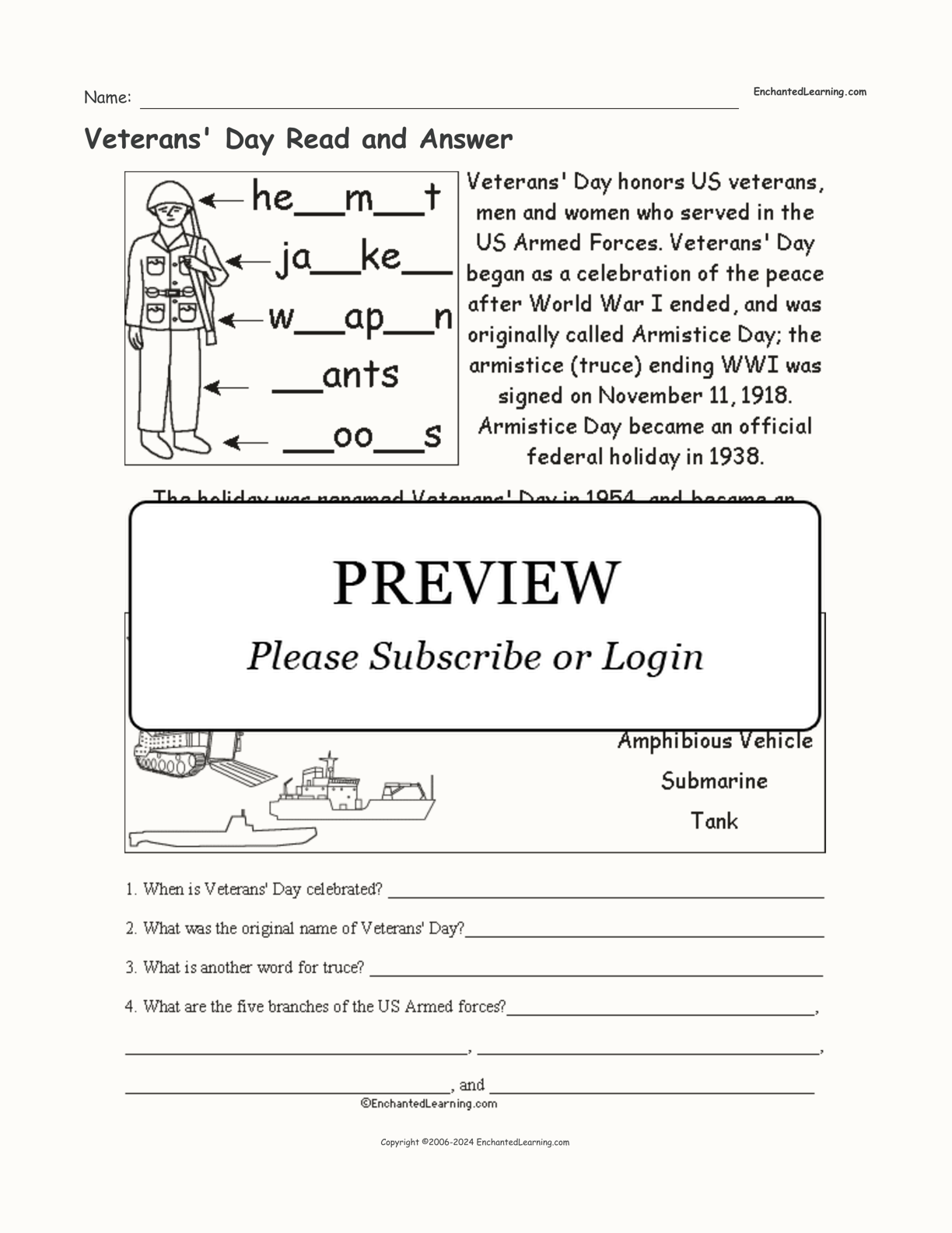 Veterans' Day Read and Answer interactive worksheet page 1
