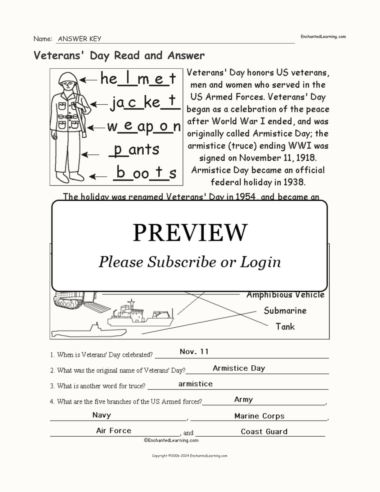 Veterans' Day Read and Answer interactive worksheet page 2