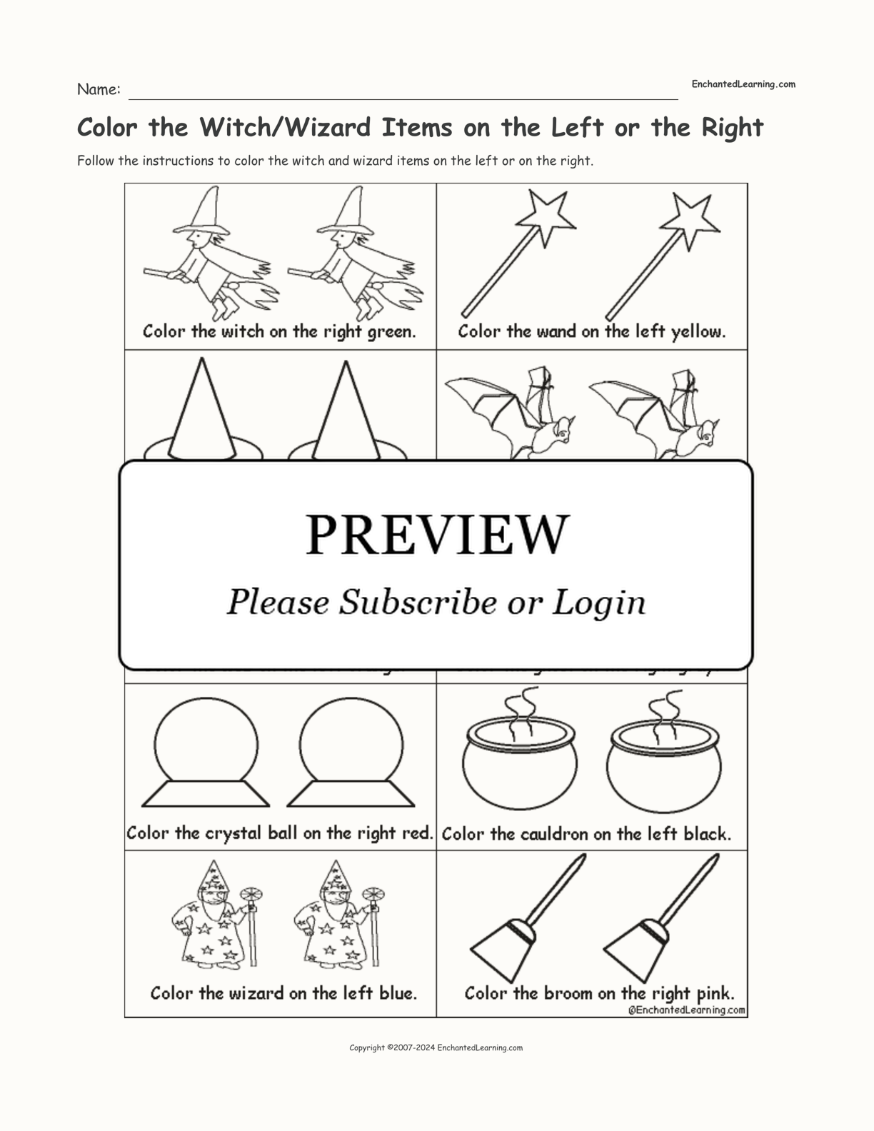 Color the Witch/Wizard Items on the Left or the Right interactive worksheet page 1