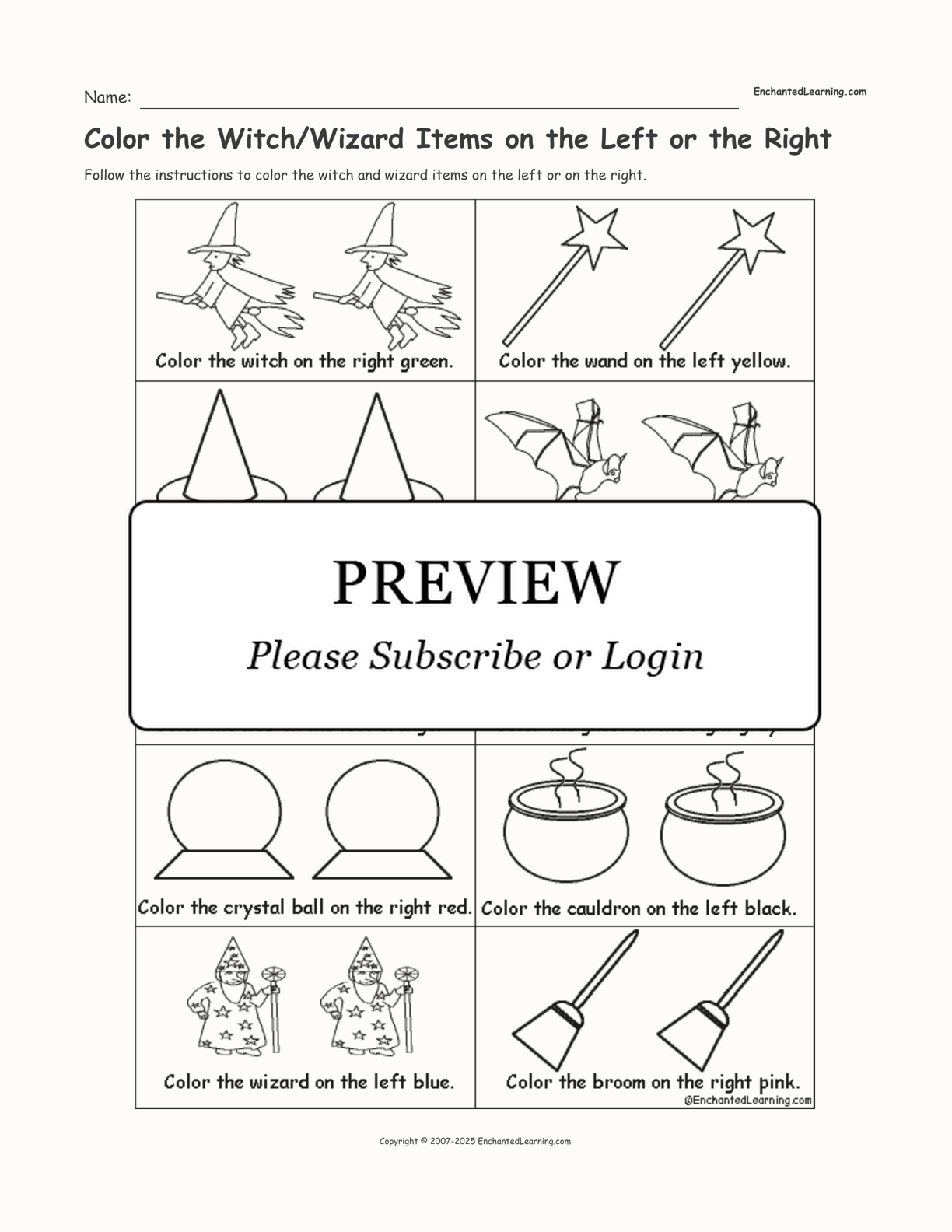 Color the Witch/Wizard Items on the Left or the Right interactive worksheet page 1