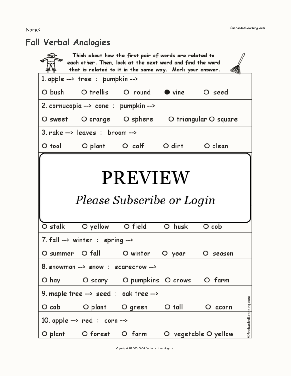 Fall Verbal Analogies interactive worksheet page 1