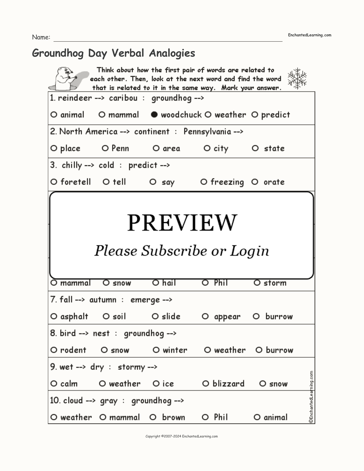 Groundhog Day Verbal Analogies interactive worksheet page 1