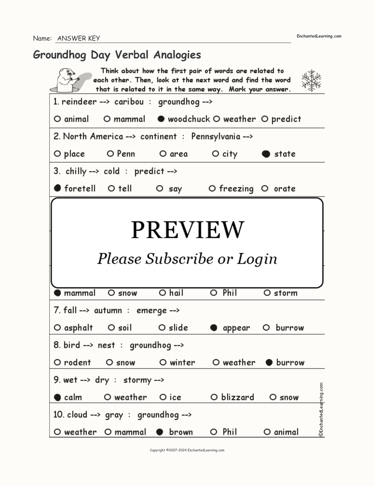 Groundhog Day Verbal Analogies interactive worksheet page 2