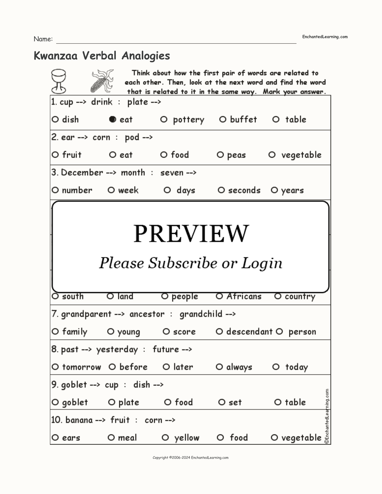 Kwanzaa Verbal Analogies interactive worksheet page 1