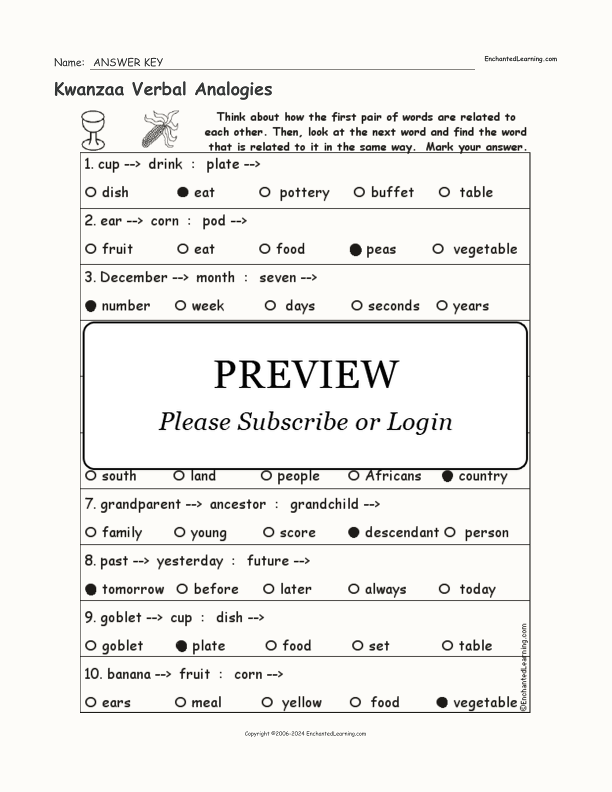 Kwanzaa Verbal Analogies interactive worksheet page 2