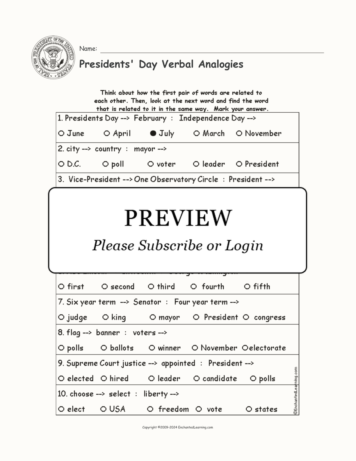 Presidents' Day Verbal Analogies interactive worksheet page 1