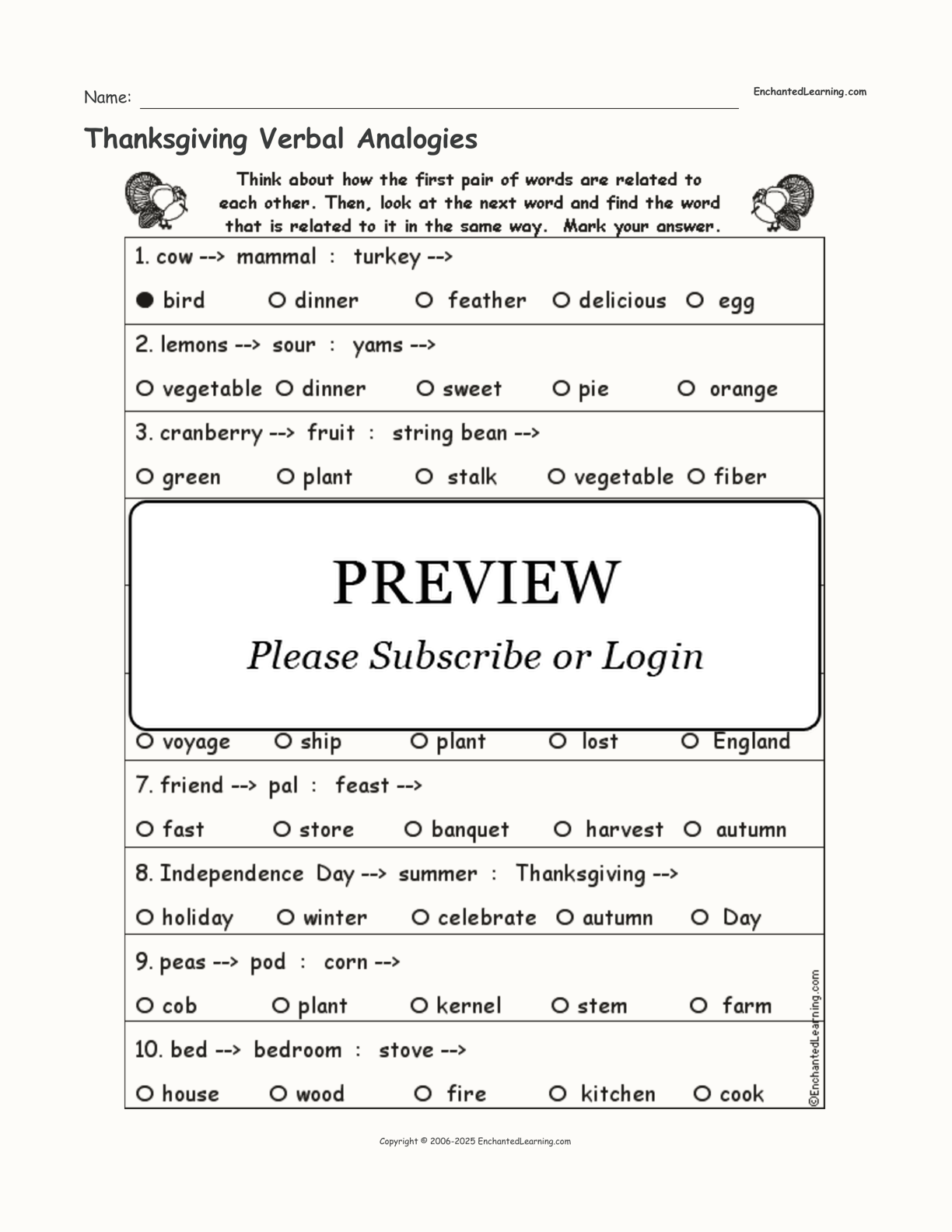 Thanksgiving Verbal Analogies interactive worksheet page 1