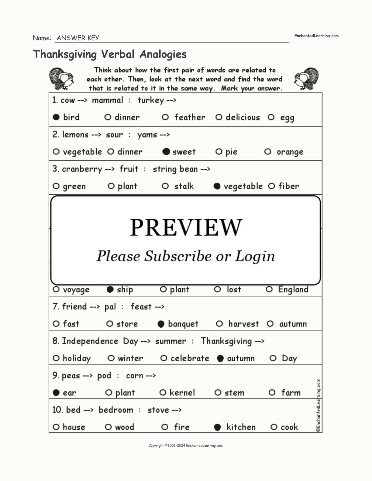 Thanksgiving Verbal Analogies interactive worksheet page 2