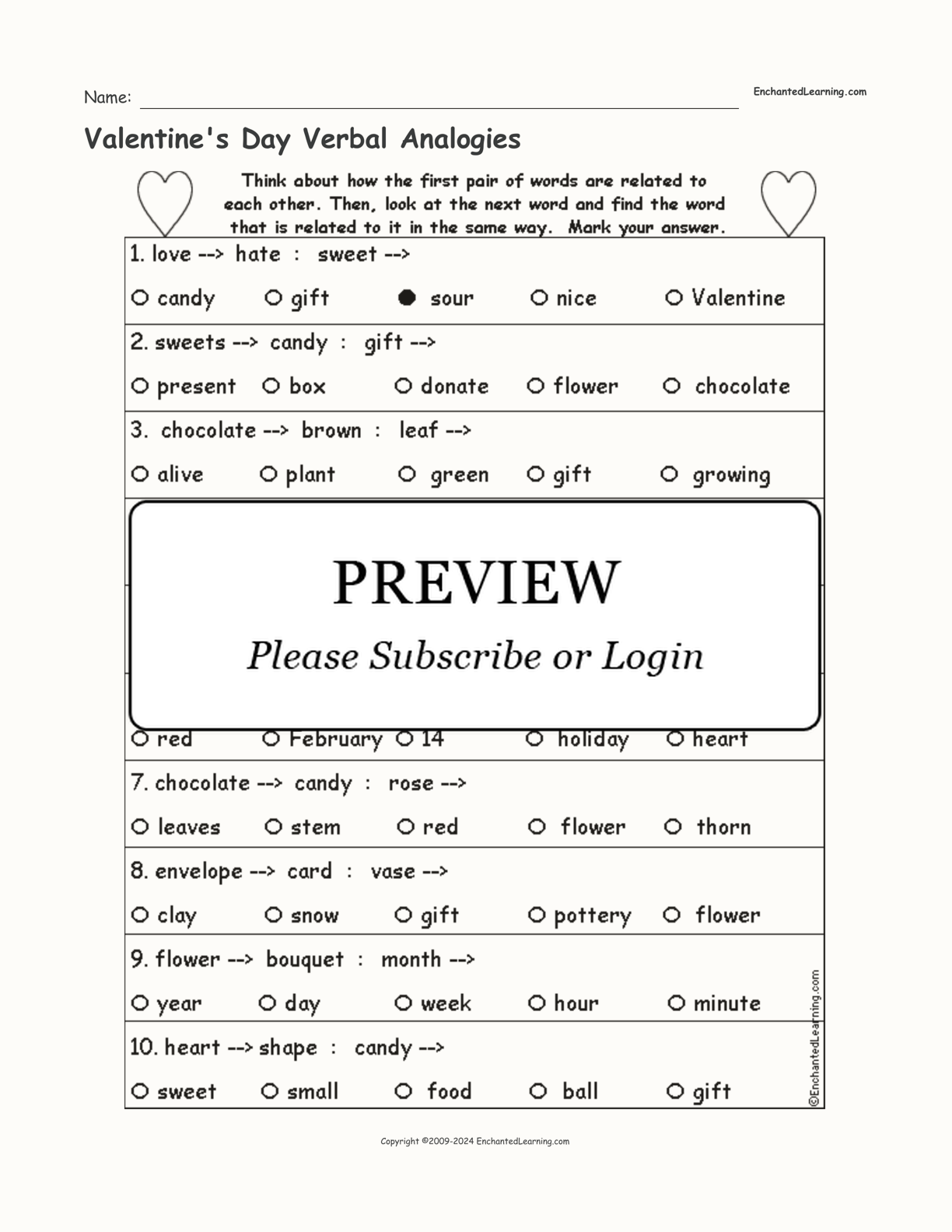 Valentine's Day Verbal Analogies interactive worksheet page 1
