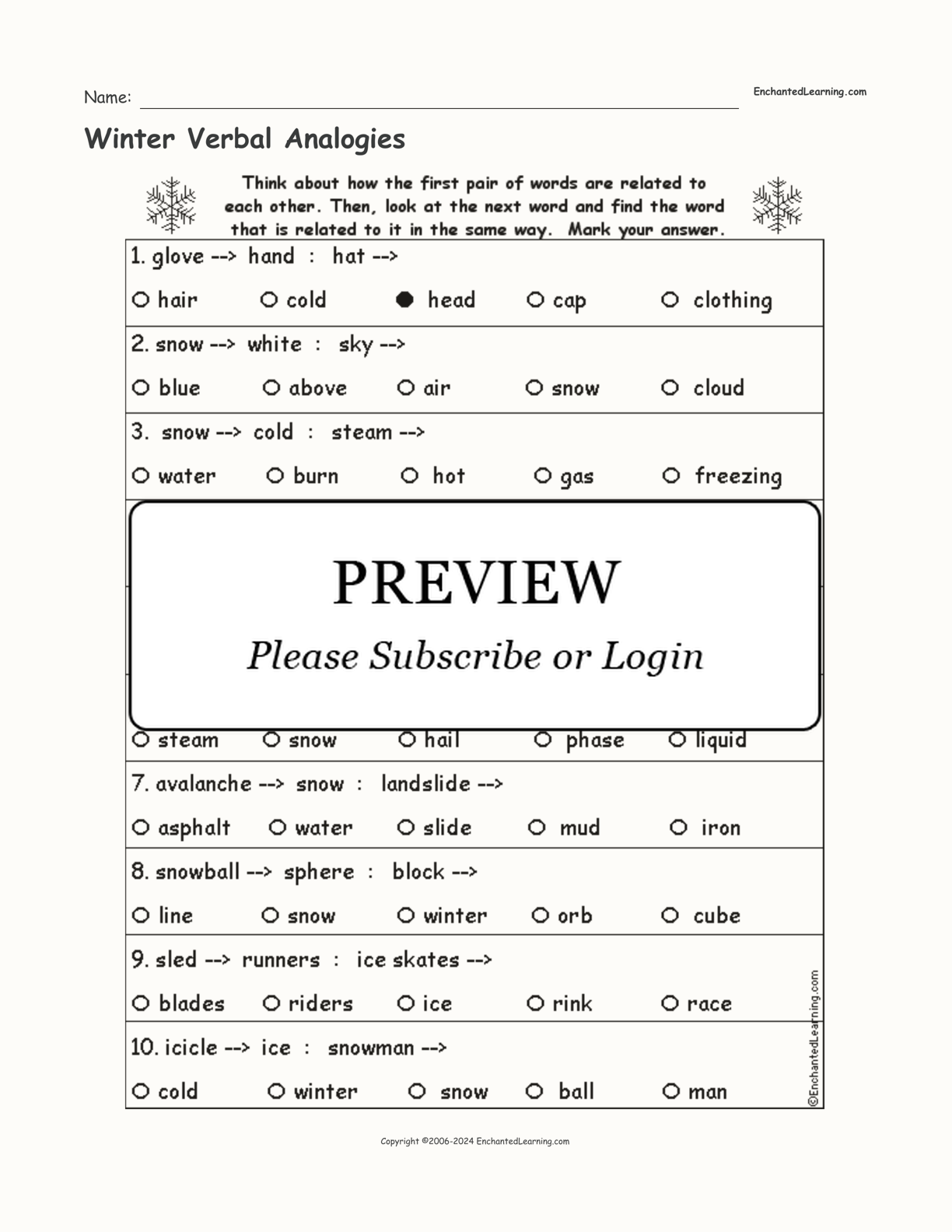 Winter Verbal Analogies interactive worksheet page 1