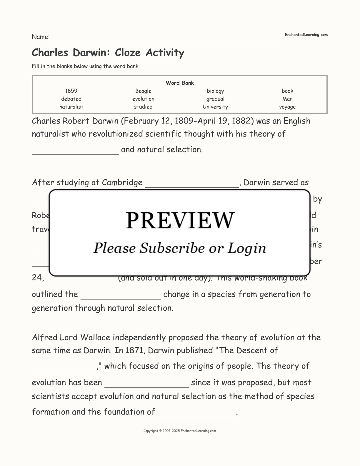 Charles Darwin: Cloze Activity interactive worksheet page 1