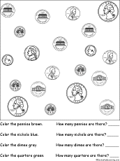 Search result: 'Sorting: Color and count the US coins Worksheet Printout #1'