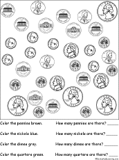 Search result: 'Sorting: Color and count the US coins Worksheet Printout #2'