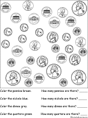 Download Sorting: Color and count the US coins Worksheet Printout #2- EnchantedLearning.com