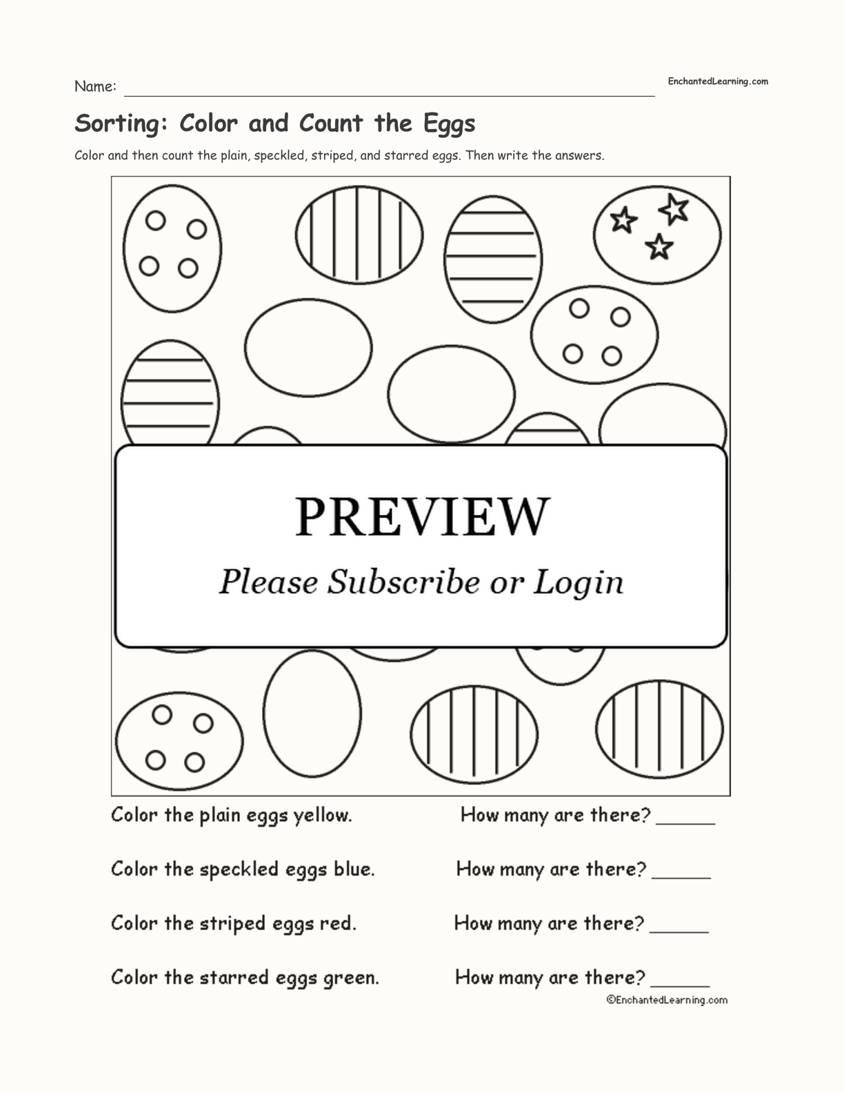 Sorting: Color and Count the Eggs interactive worksheet page 1