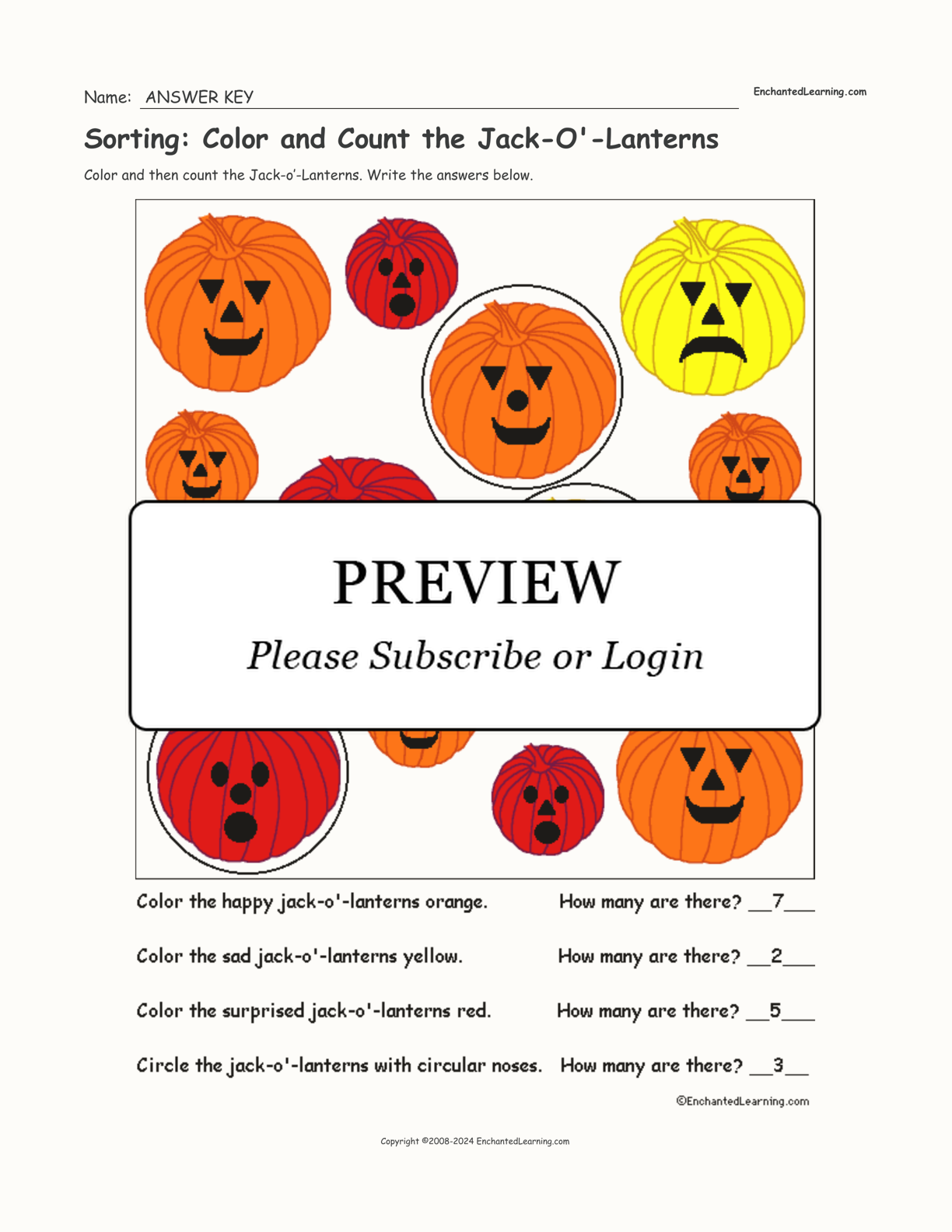Sorting: Color and Count the Jack-O'-Lanterns interactive worksheet page 2