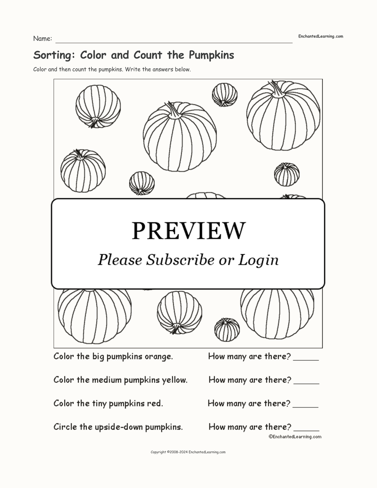 Sorting: Color and Count the Pumpkins interactive worksheet page 1