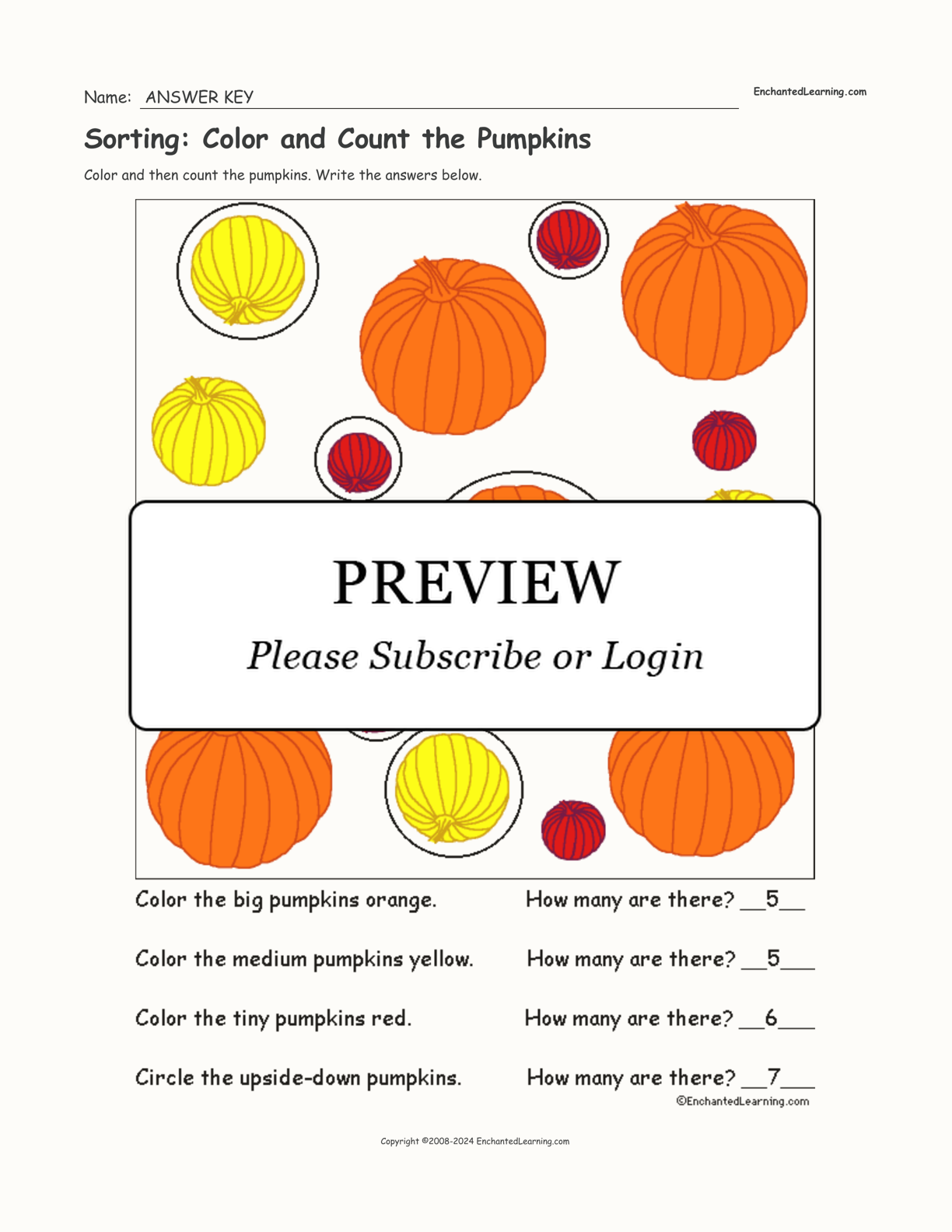 Sorting: Color and Count the Pumpkins interactive worksheet page 2
