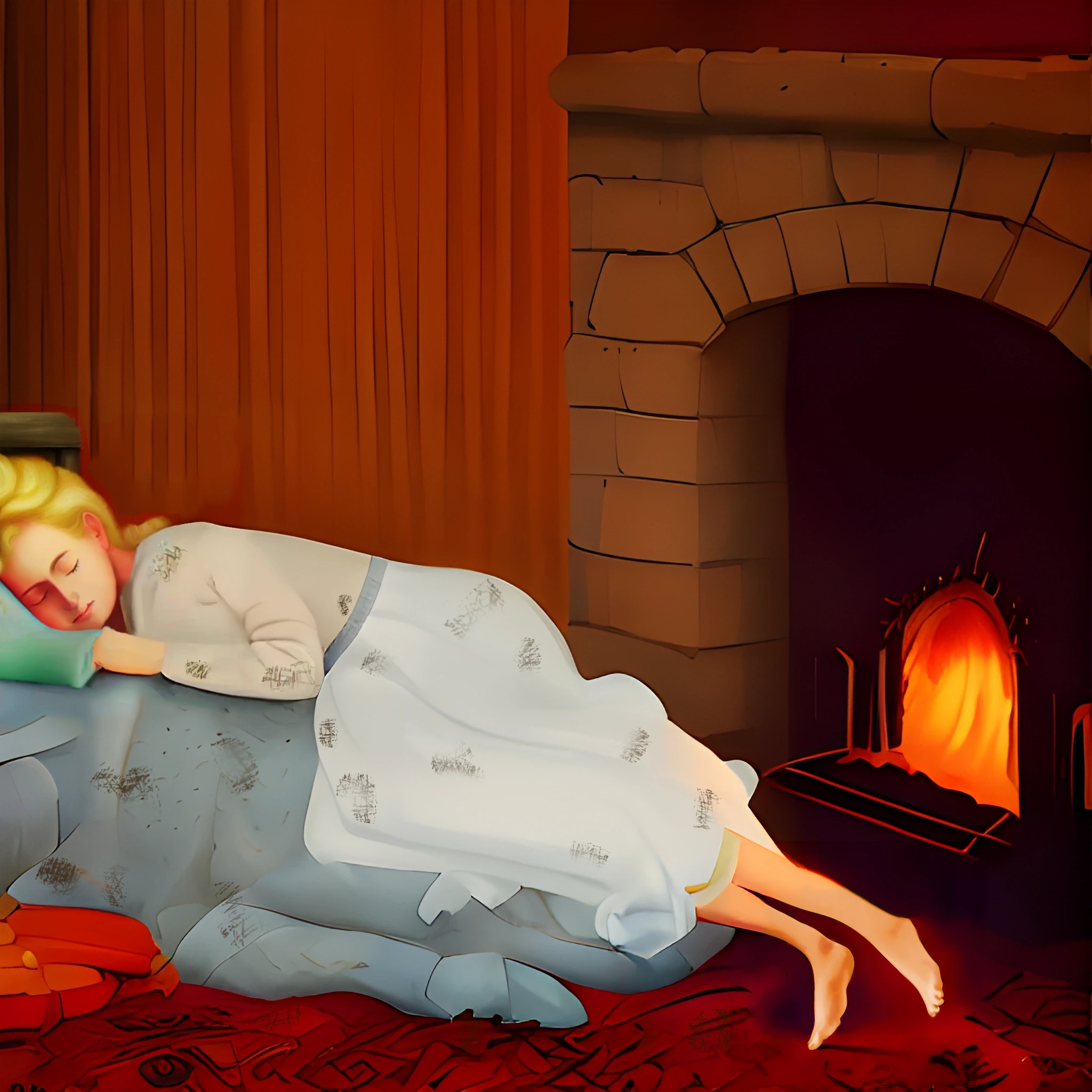 Cinderella asleep by the fireplace