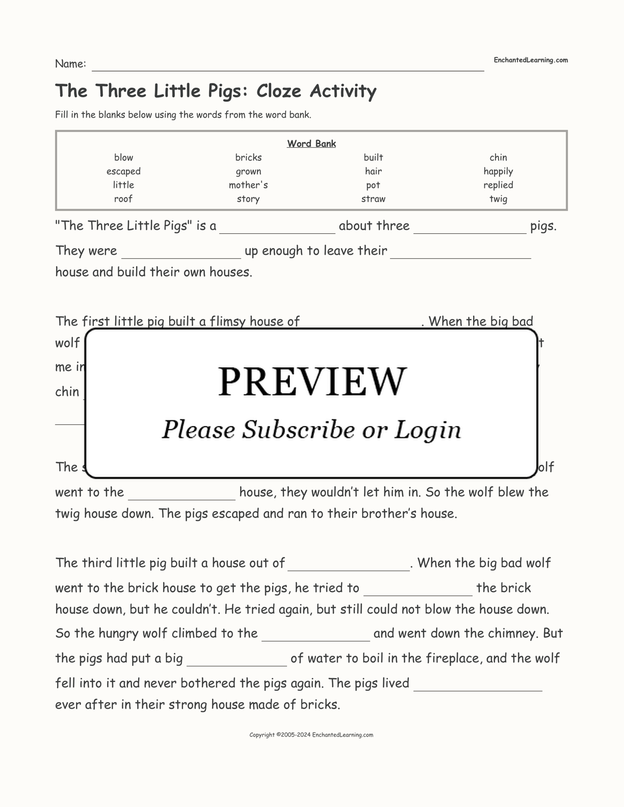 The Three Little Pigs: Cloze Activity interactive worksheet page 1