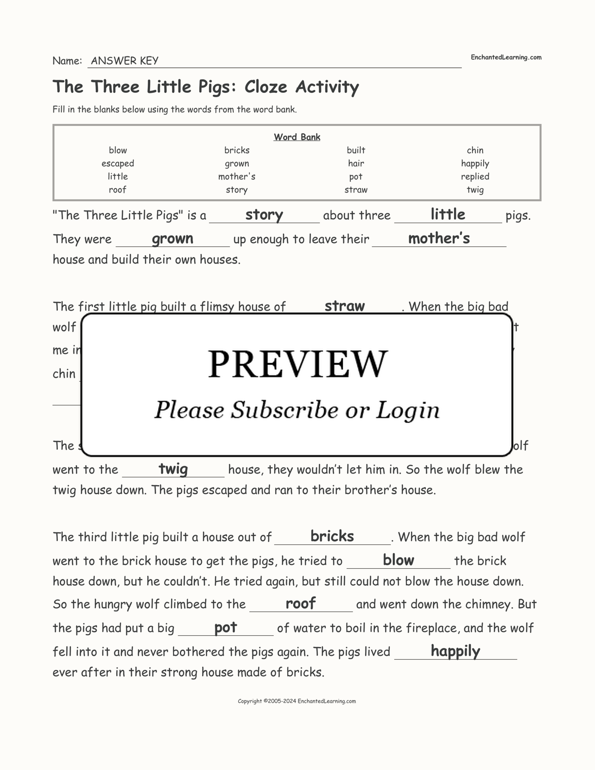The Three Little Pigs: Cloze Activity interactive worksheet page 2